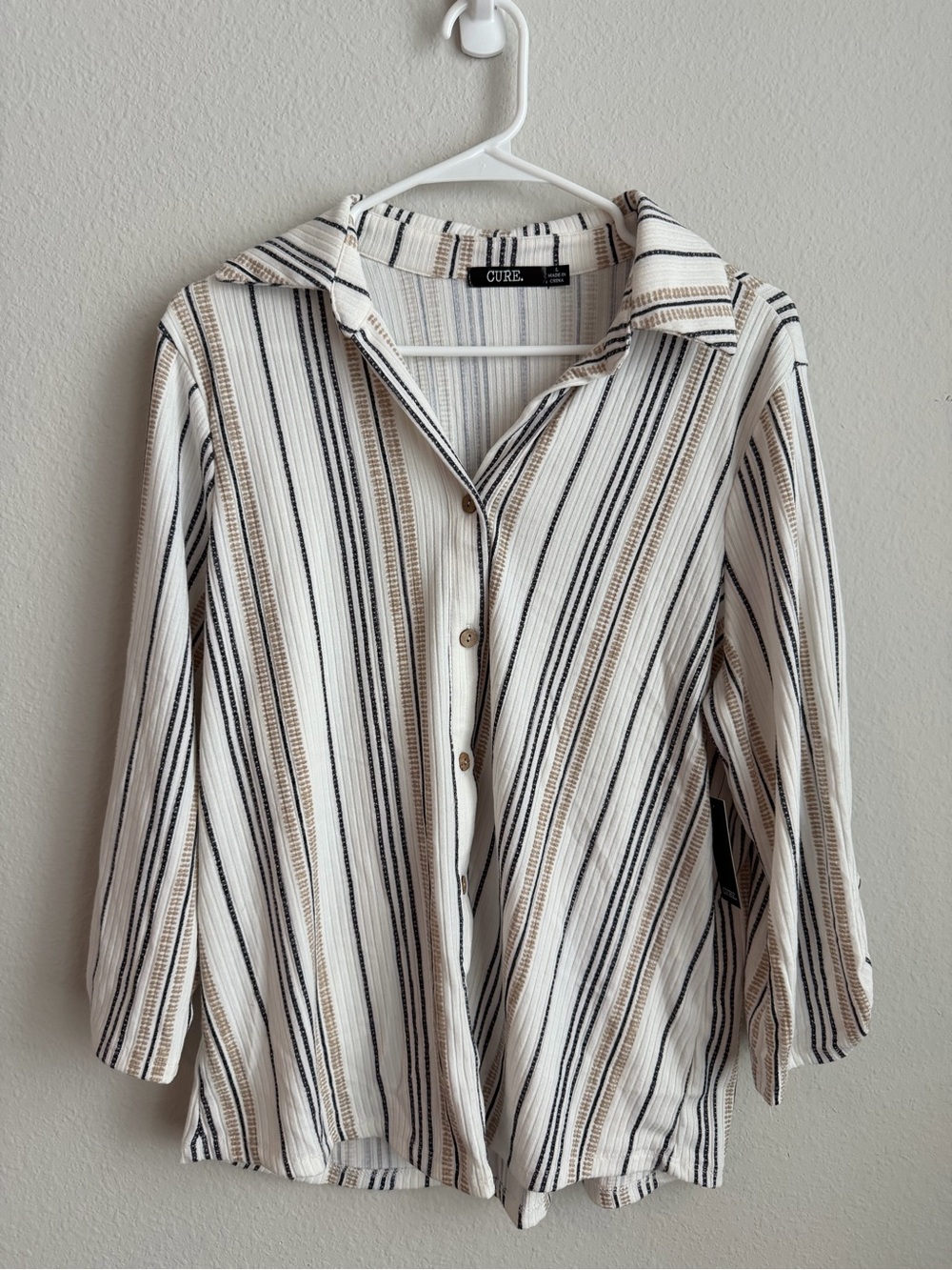 Cure Stripe Button-Down Shirt - White with Black & Tan Stripes - 3/4 Sleeve